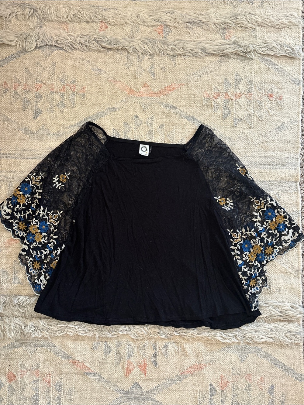 Black Embroidered Lace-Sleeve Women's Batwing Top